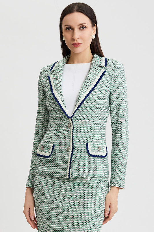 Tailored Jacquard Basketweave Knit Jacket, Kelly Green/Indigo/Ivory | Ming Wang