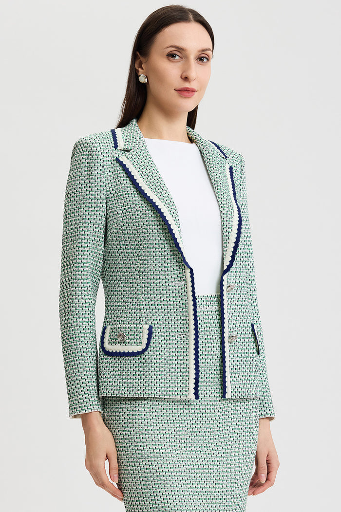 Tailored Jacquard Basketweave Knit Jacket, Kelly Green/Indigo/Ivory | Ming Wang