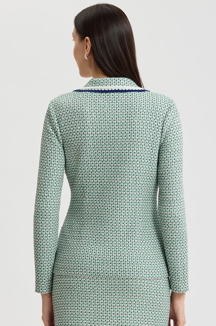 Tailored Jacquard Basketweave Knit Jacket, Kelly Green/Indigo/Ivory | Ming Wang