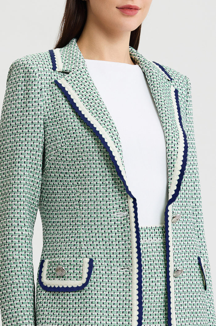 Tailored Jacquard Basketweave Knit Jacket, Kelly Green/Indigo/Ivory | Ming Wang