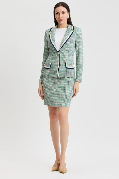 Tailored Jacquard Basketweave Knit Jacket, Kelly Green/Indigo/Ivory | Ming Wang
