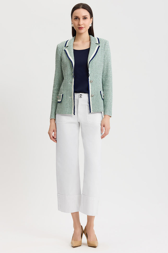 Tailored Jacquard Basketweave Knit Jacket, Kelly Green/Indigo/Ivory | Ming Wang