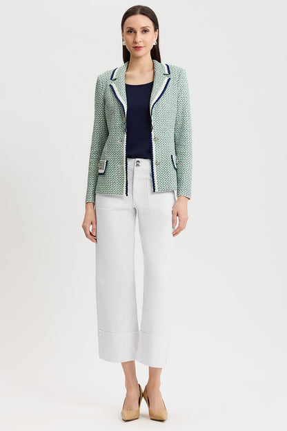 Tailored Jacquard Basketweave Knit Jacket, Kelly Green/Indigo/Ivory | Ming Wang