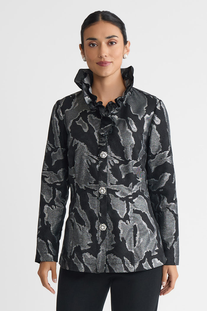 Tailored Shimmer Ruffle Neck Woven Jacquard Jacket, Black/Silver | Ming Wang