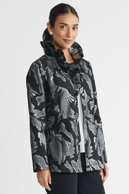 Tailored Shimmer Ruffle Neck Woven Jacquard Jacket, Black/Silver | Ming Wang