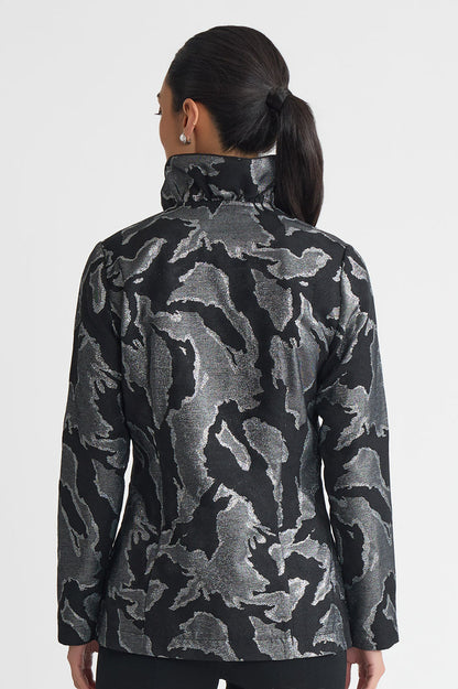 Tailored Shimmer Ruffle Neck Woven Jacquard Jacket, Black/Silver | Ming Wang