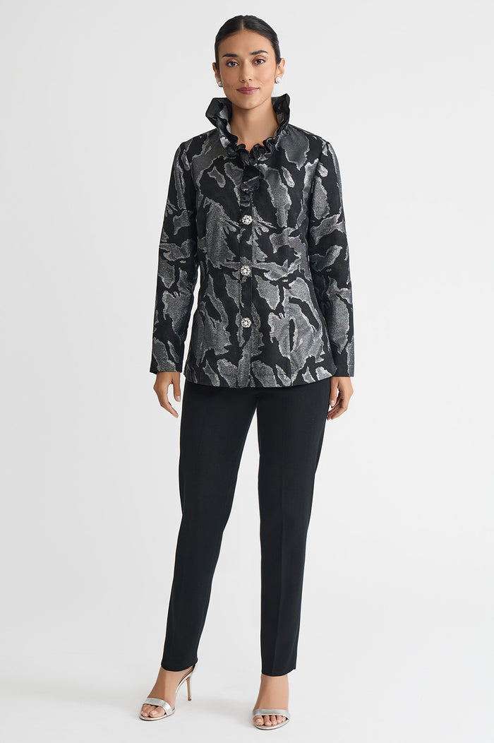 Tailored Shimmer Ruffle Neck Woven Jacquard Jacket, Black/Silver | Ming Wang