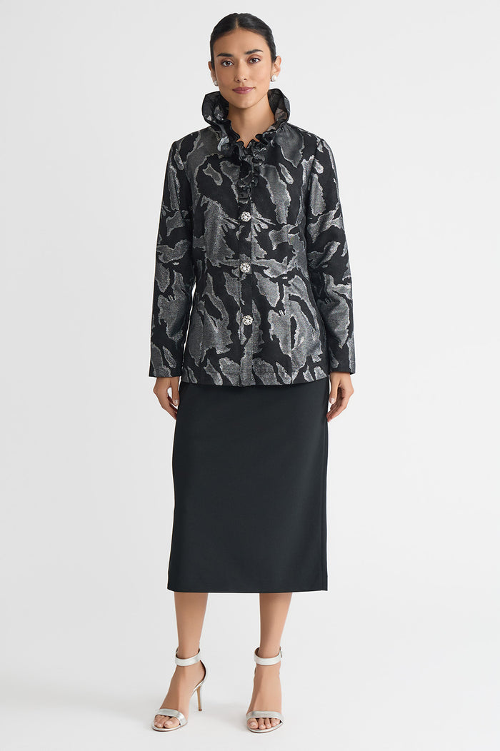 Tailored Shimmer Ruffle Neck Woven Jacquard Jacket, Black/Silver | Ming Wang