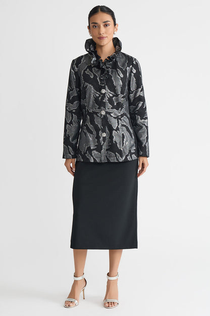 Tailored Shimmer Ruffle Neck Woven Jacquard Jacket, Black/Silver | Ming Wang
