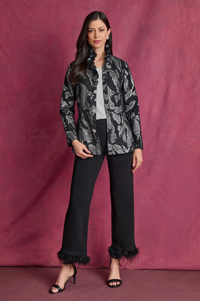Tailored Shimmer Ruffle Neck Woven Jacquard Jacket, Black/Silver | Ming Wang