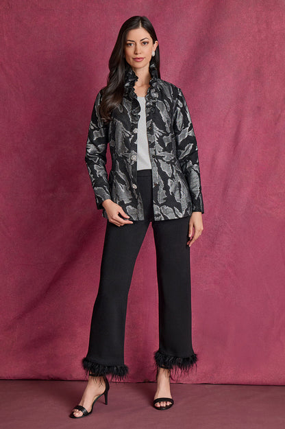 Tailored Shimmer Ruffle Neck Woven Jacquard Jacket, Black/Silver | Ming Wang