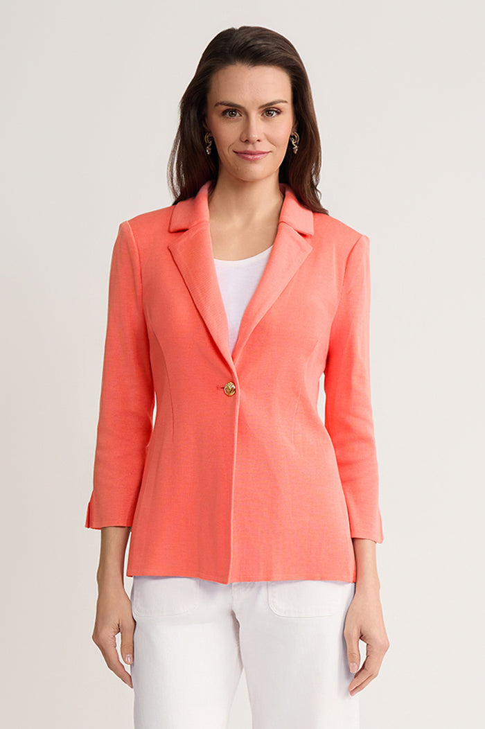 Tailored Single-Button Knit Jacket, Sunkist Coral, Sunkist Coral | Ming Wang