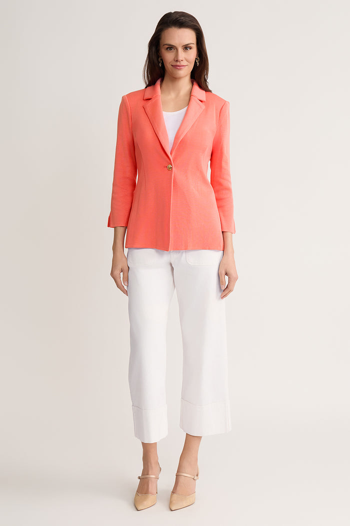 Tailored Single-Button Knit Jacket, Sunkist Coral, Sunkist Coral | Ming Wang