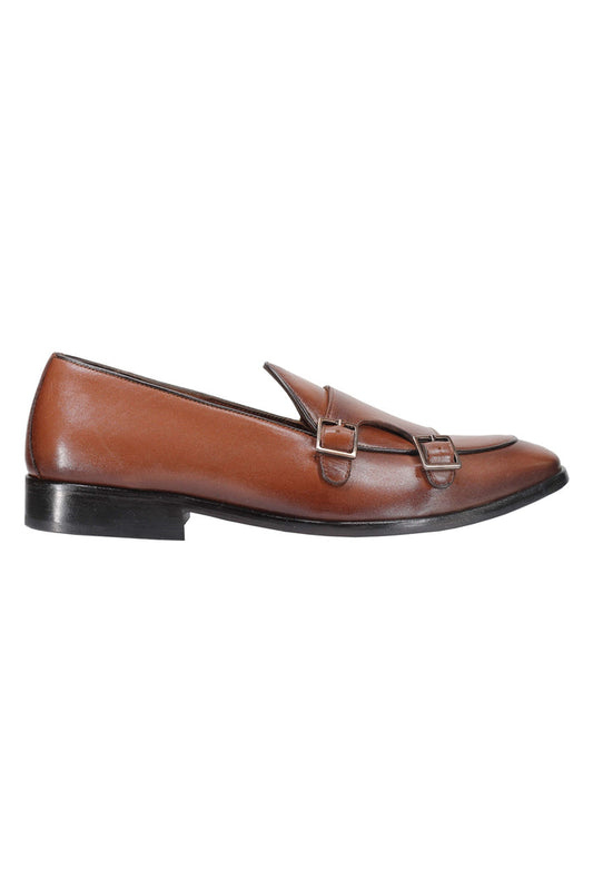Tan Calf Leather Double Monk Shoes