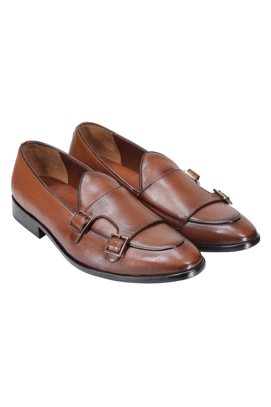 Tan Calf Leather Double Monk Shoes