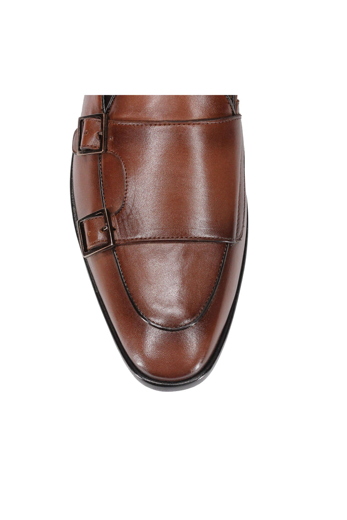 Tan Calf Leather Double Monk Shoes