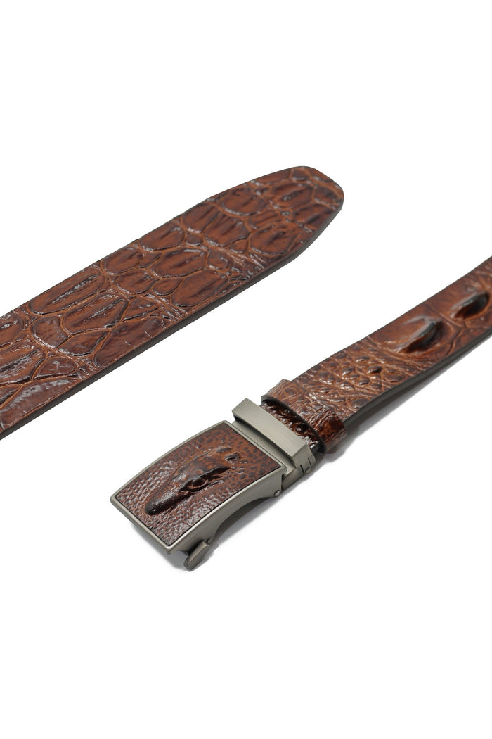 TAN CROC PRINT LEATHER AUTO LOCK BELT