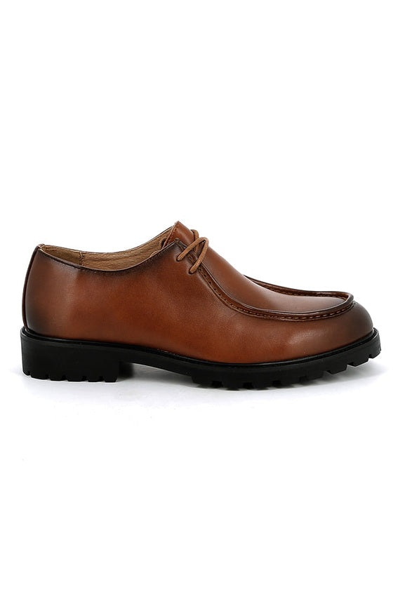 Tan Faux Leather Moc Toe Derby Shoes Classic Lace-Up
