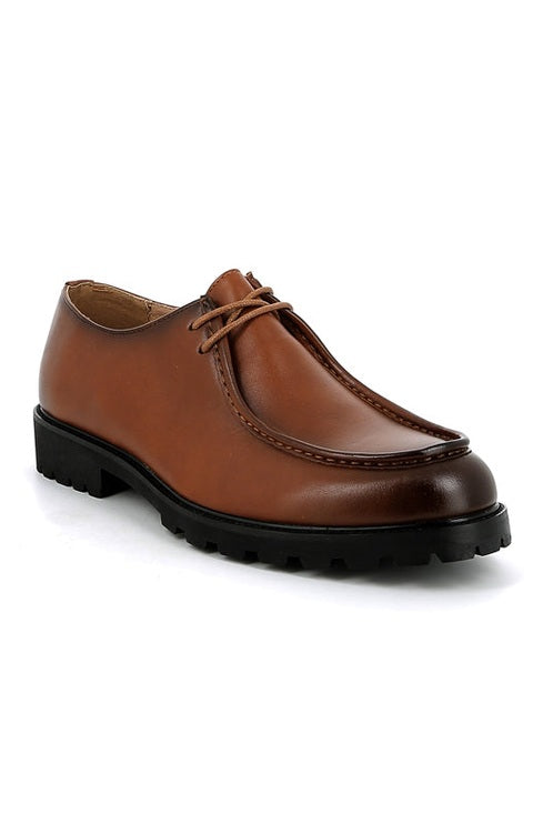 Tan Faux Leather Moc Toe Derby Shoes Classic Lace-Up