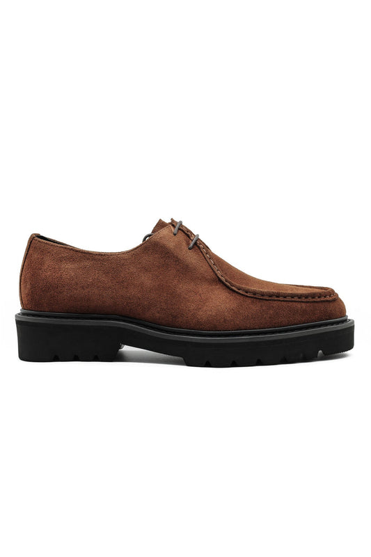 Tan Suede Derby Shoes Moc Toe Chunky Sole