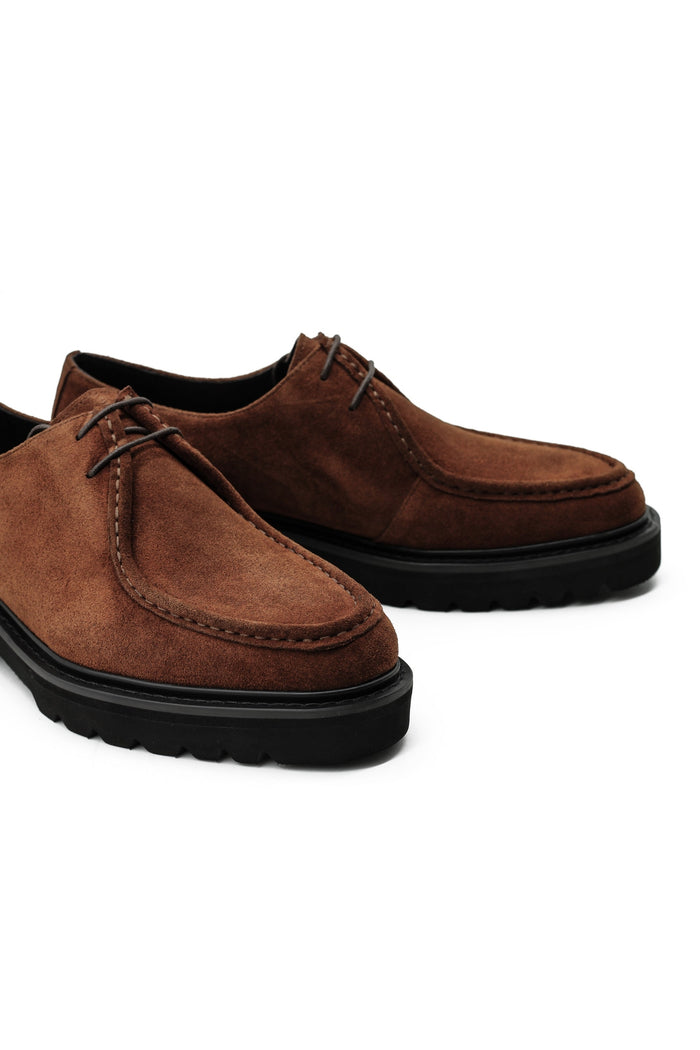 Tan Suede Derby Shoes Moc Toe Chunky Sole