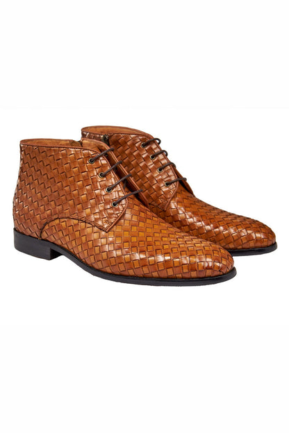 TAN WOVEN LEATHER BOOTS