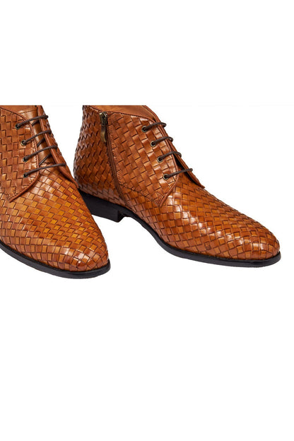 TAN WOVEN LEATHER BOOTS