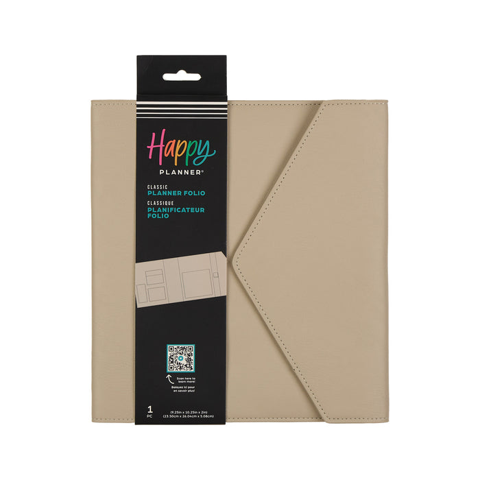 Taupe Vegan Leather - Deluxe Classic Planner Folio in a soft taupe color with a sleek envelope-style flap, designed for use with Happy Planner disc bound planners and filler paper.
