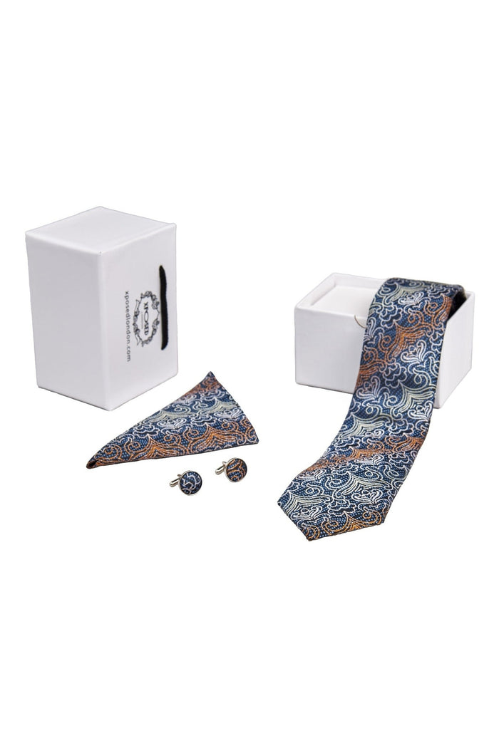 TEAL BLUE FLORAL PAISLEY NECK TIE SET