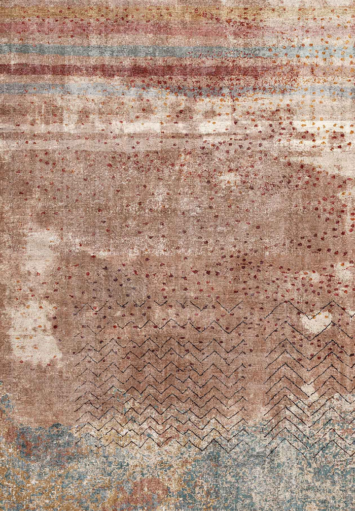 Distressed terracotta, blue, and cream rug with horizontal stripes, scattered dots, and geometric chevron patterns.