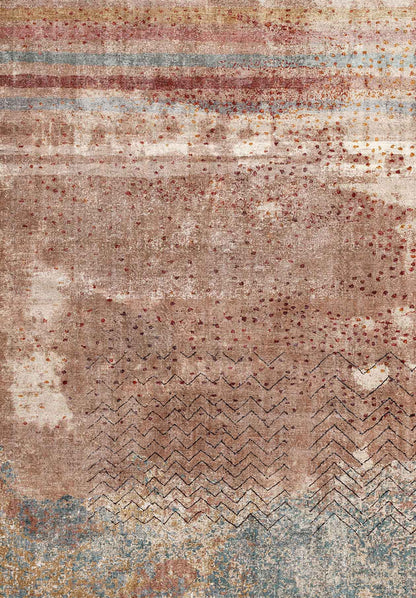 Distressed terracotta, blue, and cream rug with horizontal stripes, scattered dots, and geometric chevron patterns.