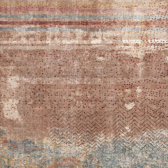 Abstract rug with terracotta, blue, and cream tones, featuring horizontal stripes, dotted textures, and zigzag patterns.