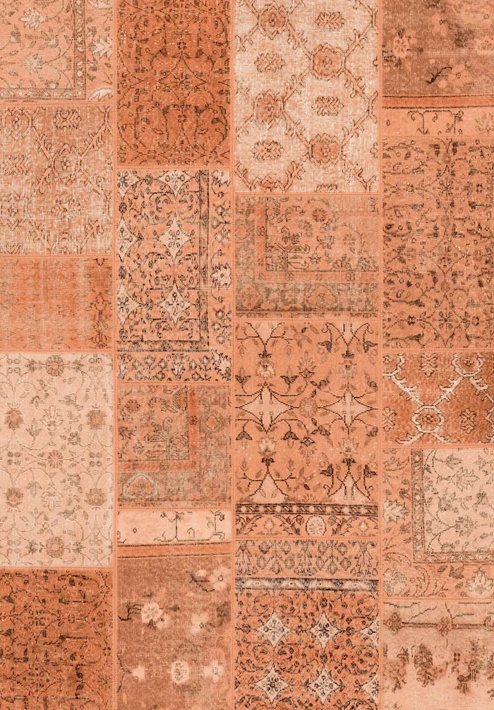 The Terracotta Patch - Washable Rug - JRN1037 (Custom Size) features a flat weave with a grid of rust, terracotta, and beige rectangles in intricate traditional patterns, creating an orange patchwork mosaic.