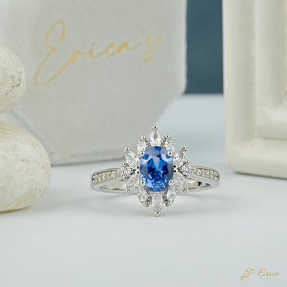 The Ocean - Blue Oval Starburst Lab Grown Diamond Halo Ring