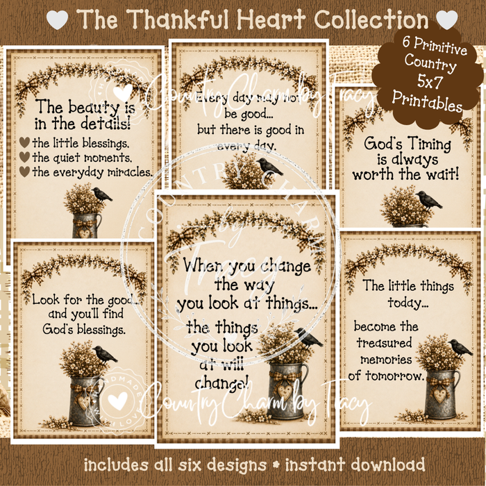 The Thankful Heart Collection - Six Primitive Country 5x7 Digital Printables