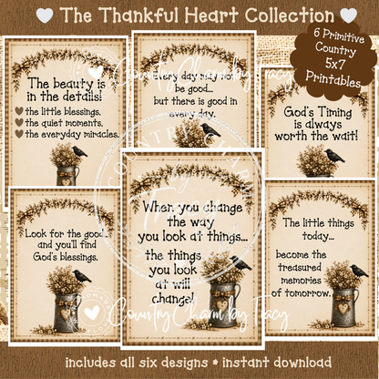 The Thankful Heart Collection - Six Primitive Country 5x7 Digital Printables