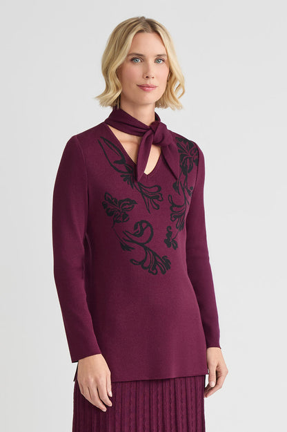 Tie-Neck Floral Jacquard Soft Knit Tunic, Midnight Violet/Black | Ming Wang
