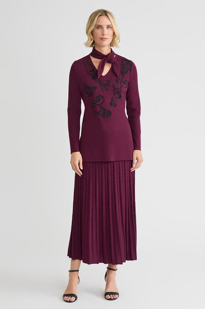 Tie-Neck Floral Jacquard Soft Knit Tunic, Midnight Violet/Black | Ming Wang
