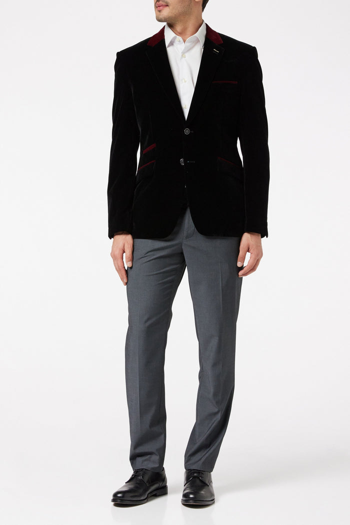 TIM Black Velvet Blazer with Maroon Trim
