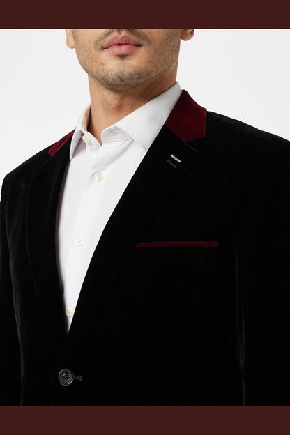 TIM Black Velvet Blazer with Maroon Trim