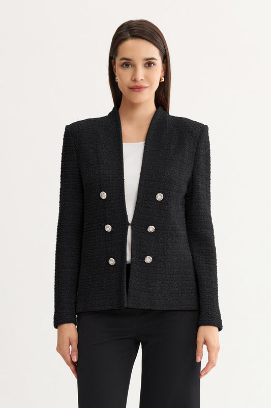 Tonal Eyelash Tweed Knit Jacket, Black, Black | Ming Wang