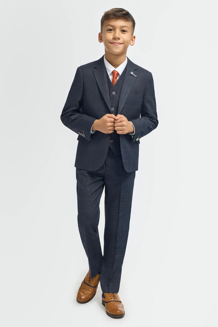 Torino Boys Navy Blue 3 Piece Suit Windowpane Check