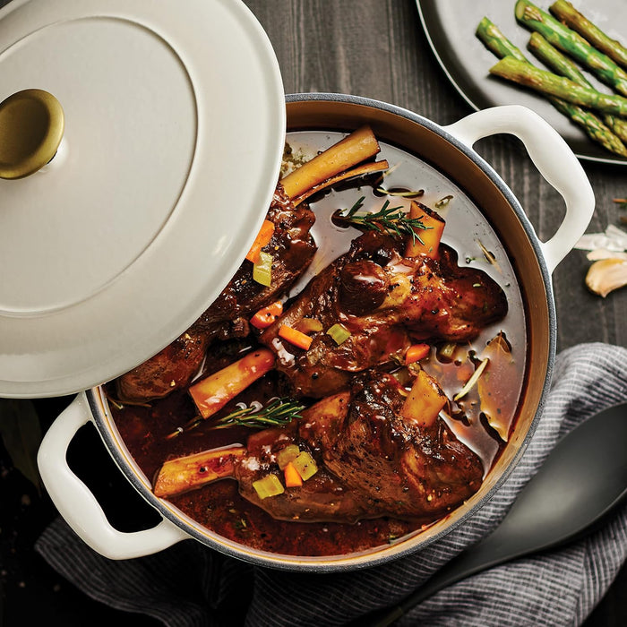Tramontina Enameled Cast Iron Dutch Oven Pot with Lid, Round 5.5qt (Latte with Gold Knob) - electronicsexpo.com - Dutch Ovens