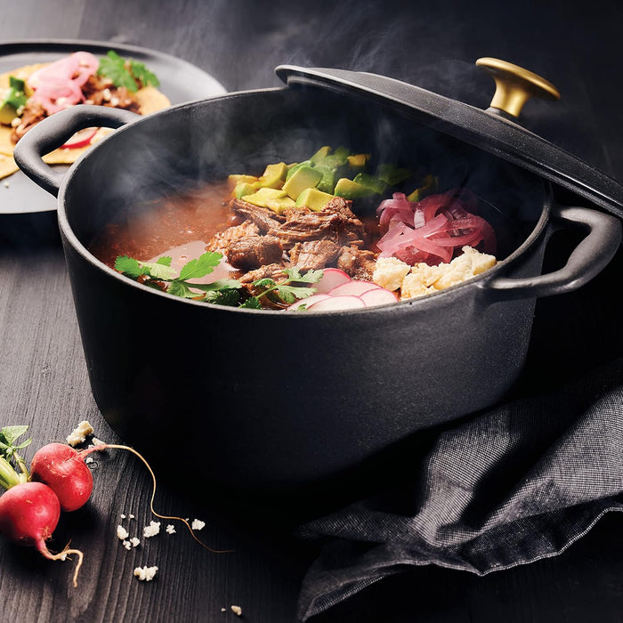 Tramontina Enameled Cast Iron Dutch Oven Pot with Lid, Round 5.5qt (Matte Black with Gold Knob) - electronicsexpo.com - Dutch Ovens