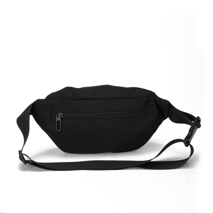 Black waist bag with zipper pocket and adjustable strap on white background