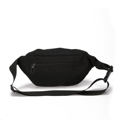 Black waist bag with zipper pocket and adjustable strap on white background