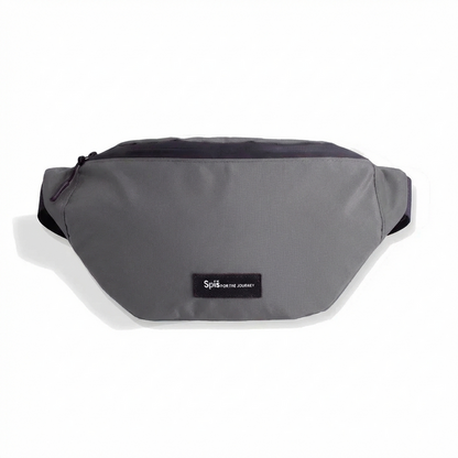 Gray waist bag with black zipper and front patch, minimalist travel accessory