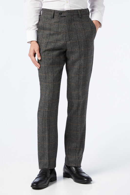 TWEED HERRINGBONE CHECK TROUSERS IN GREY