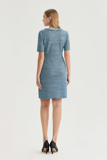 Tweed Knit Fringe Accent Sheath Dress, Serene/Black | Ming Wang