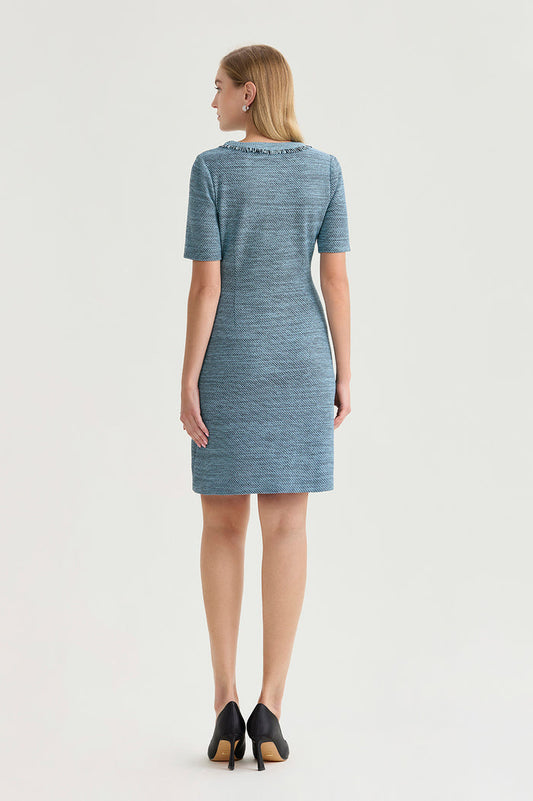 Tweed Knit Fringe Accent Sheath Dress, Serene/Black | Ming Wang